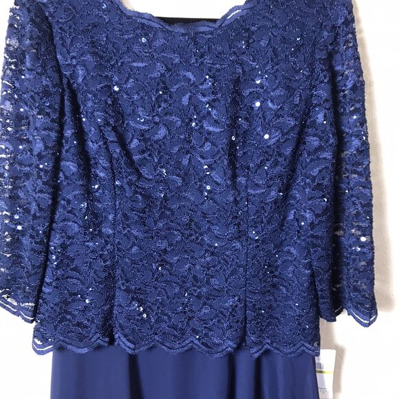 NEW Alex Evenings Women's Navy Sequin Lace Embroidered Tea-Length Dress Sz 14 - Picture 5 of 13